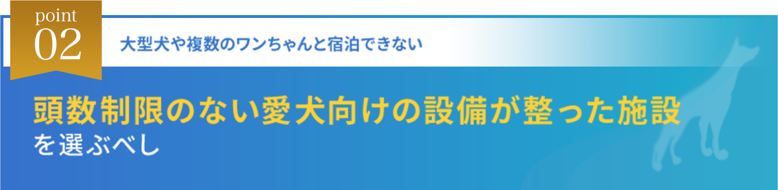 point02 大型犬や複数のワンちゃんと宿泊できない 頭数制限のない愛犬向けの設備が整った施設を選ぶべし